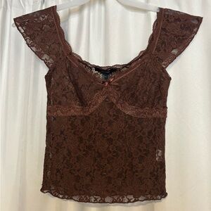 Brown Lace Cap Sleeve Top